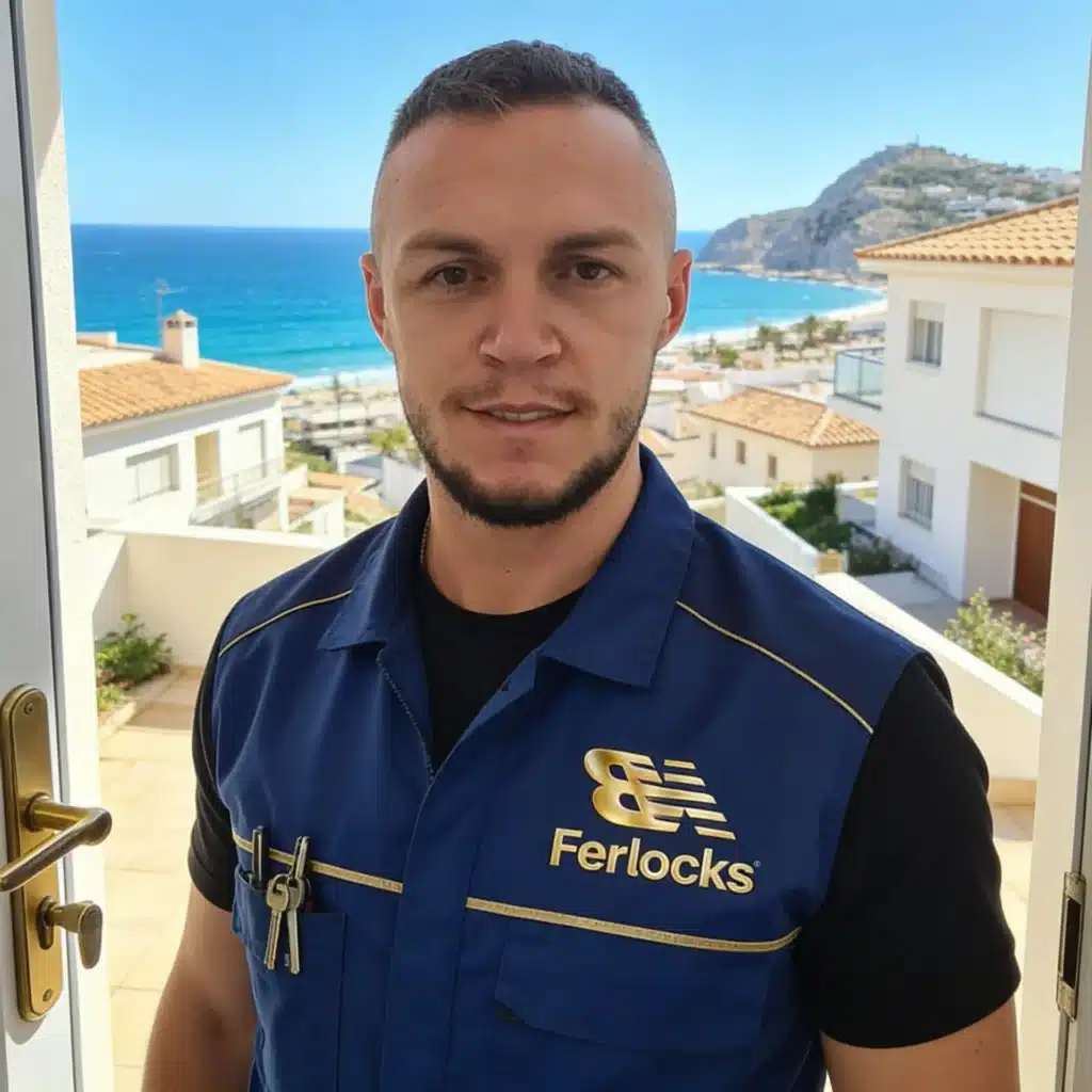 Ferlocks locksmith working in Moraira opening a door without damage, 24h emergency service