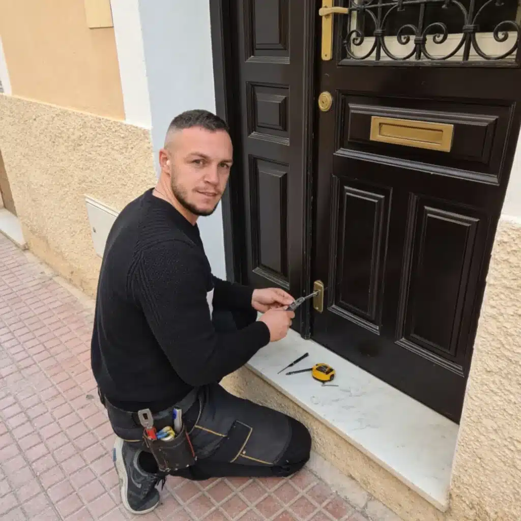 Cerrajero profesional Ferlocls en Benissa (Alicante) realizando apertura de puerta sin daños en vivienda. Servicio urgente 24 horas con atención rápida, económica y uso de herramientas especializadas en cerrajería.
